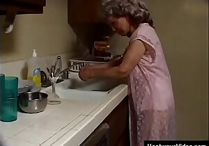 Unseemly granny with grey-hair sucks off the black plumber