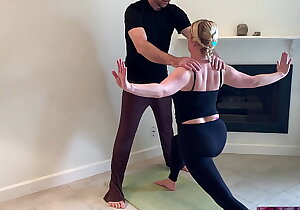 Stepson helps stepmom perfectly instructions yoga together with stretches her pussy